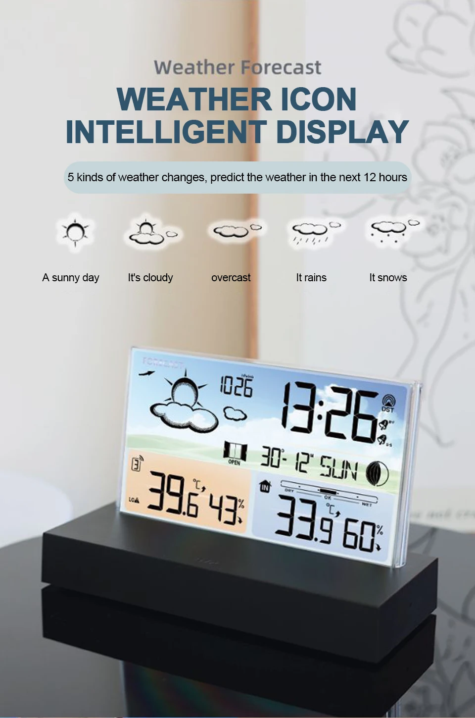 Transparente Wetterstation für drinnen und draußen, kabelloses Thermometer und Hygrometer mit 1 Fernsensor, Temperatur- und Luftfeuchtigkeitsmesser – Detail 4