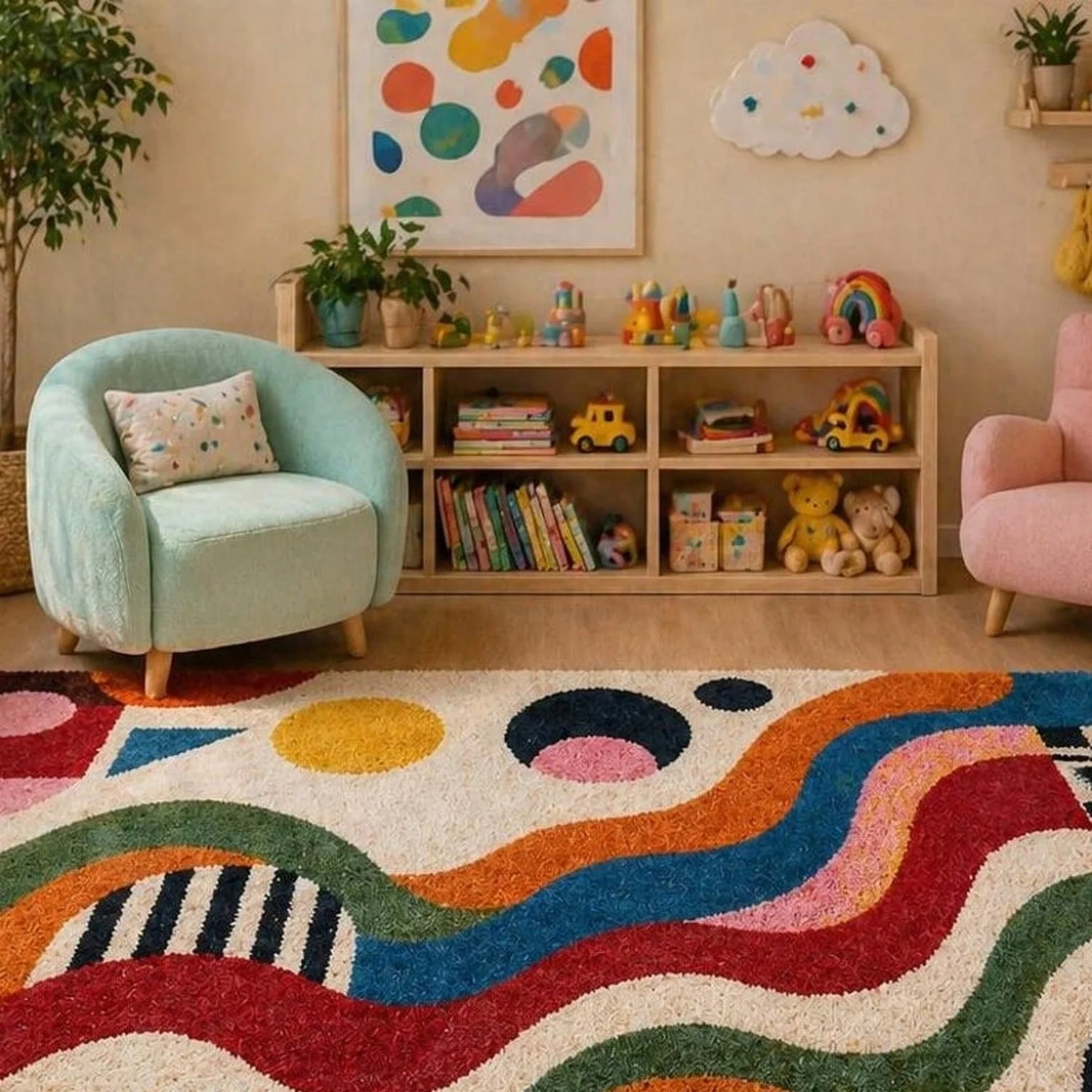 Colorful Abstract Tufted Rug, Mid-Century Modern Style Rug, Geometric Wave Rug, Bohemian Style Living Room Decor, Fun Floor Mat.
