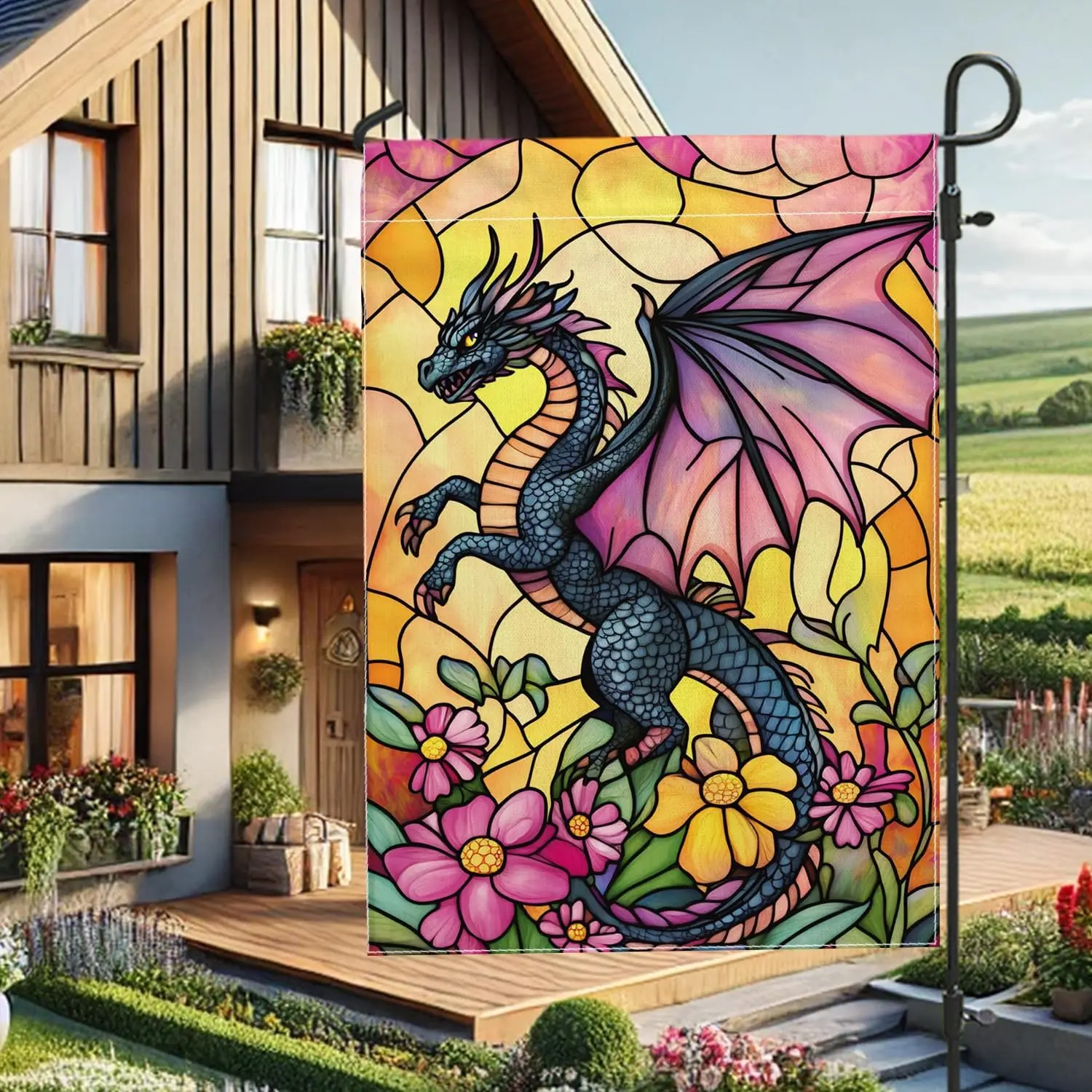 Fantasy Dragon Garden Flag, Vibrant Blue Dragon Floral Outdoor Decor, Double Sided Spring Summer Garden Banner for Home and  SSL