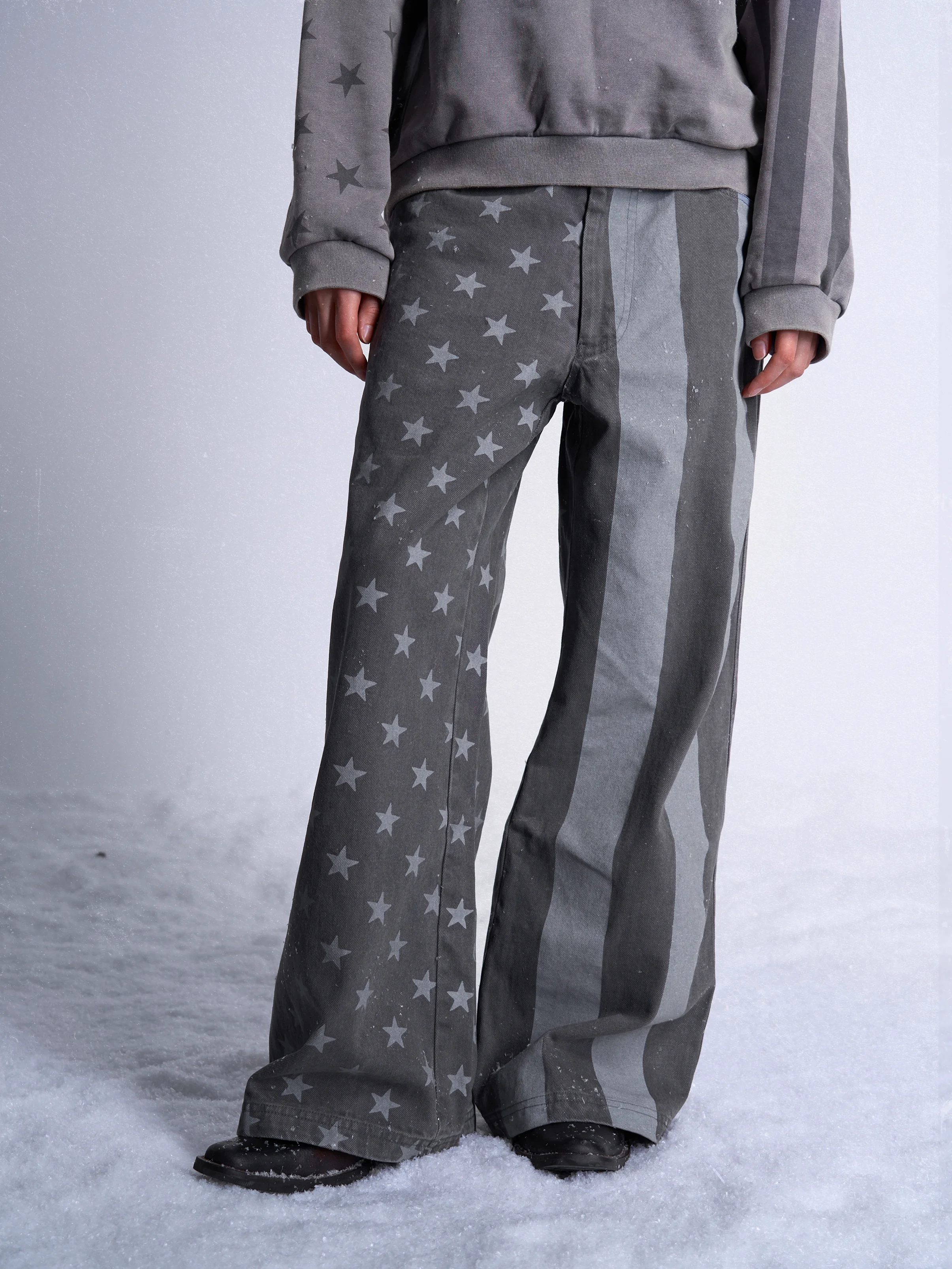 

American Streetwear Vintage Deep Grey Star Spangled Flag Print Light Wash Canvas Loose Straight Leg Wide Leg Casual Trousers ...