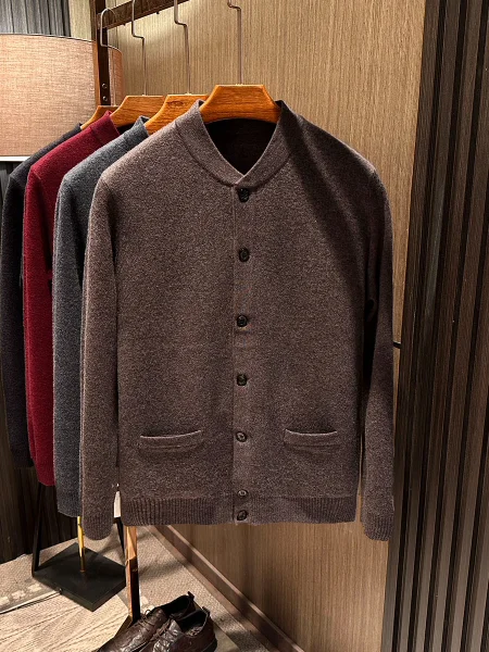 

Высококачественный мужской однотонный кардиган с воротником-стойкой, шерстяной свитер, универсальный зимний повседневный деловой стиль, длинный рукав