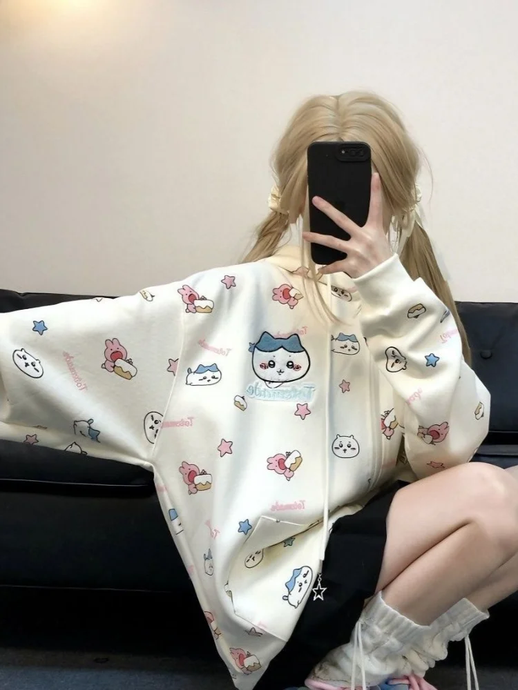 HOUZHOU-Sudadera con capucha Y2k Harajuku Kawaii para mujer, suéter de gran tamaño con cremallera y estampado de dibujos animados, estilo japonés,