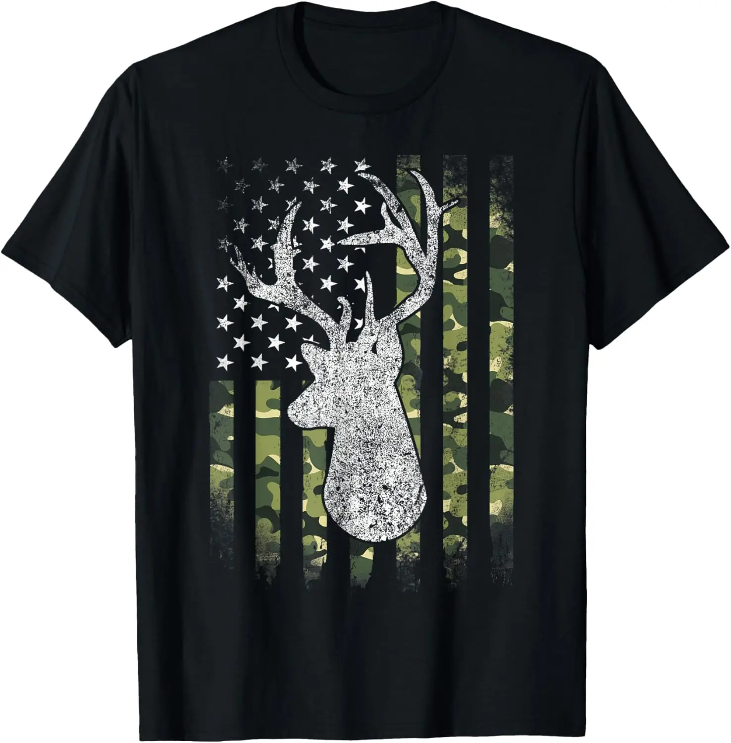 Deer Whitetail Buck American Camo US Flag Deer Hunting T-Shirt