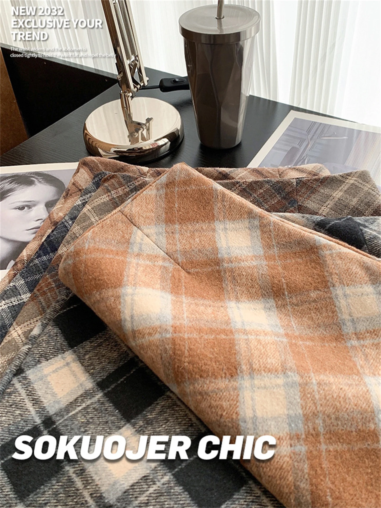 Khaki Woolen Plaid  Skirt Women's plus Size High Waist A-Line Half-length Retro Grid Wraparound Skirt Casual Style