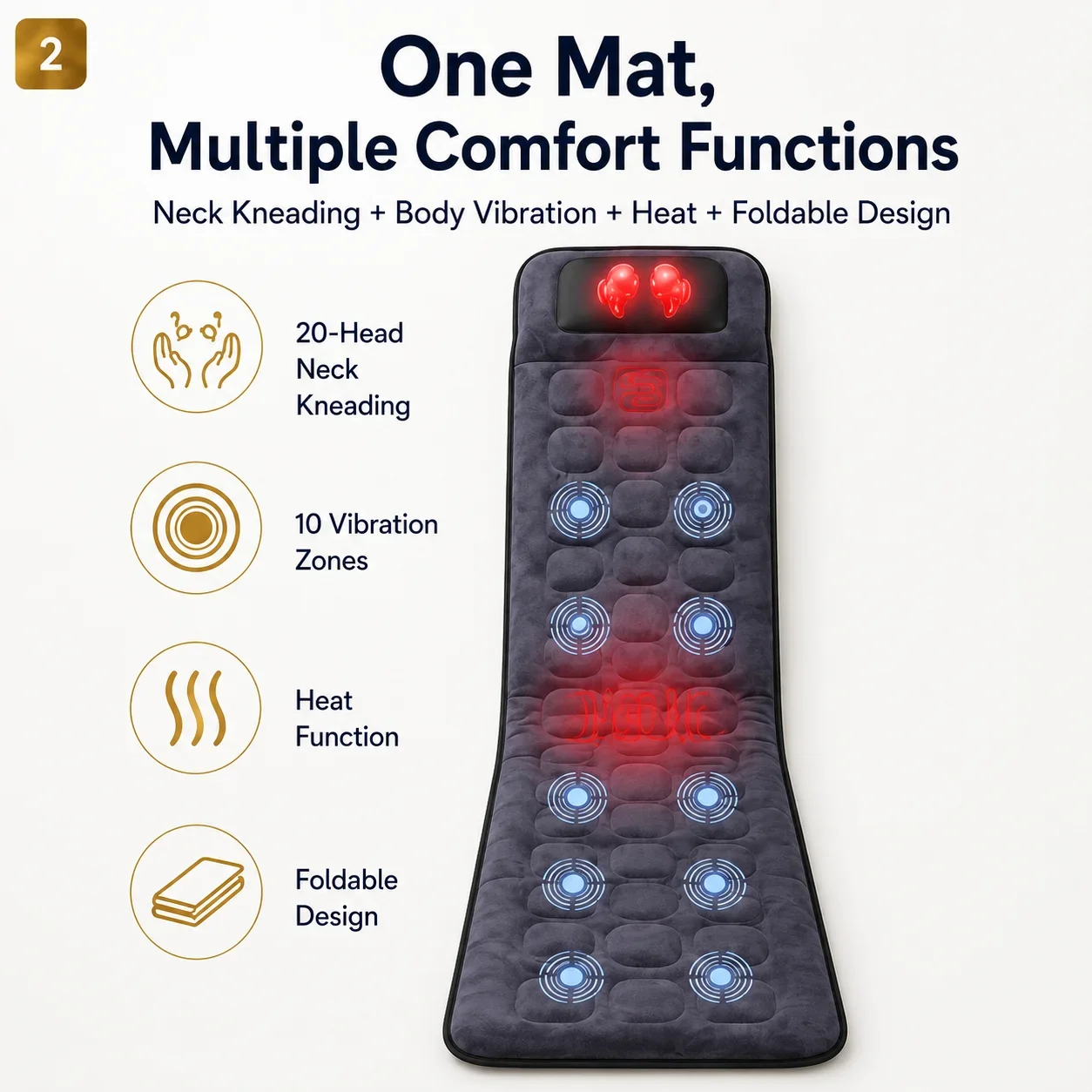 Full Body Massage Mat with Heat, 10 Vibration Motors, Neck Kneading, 9 Modes, Foldable Electric Massage Mattress