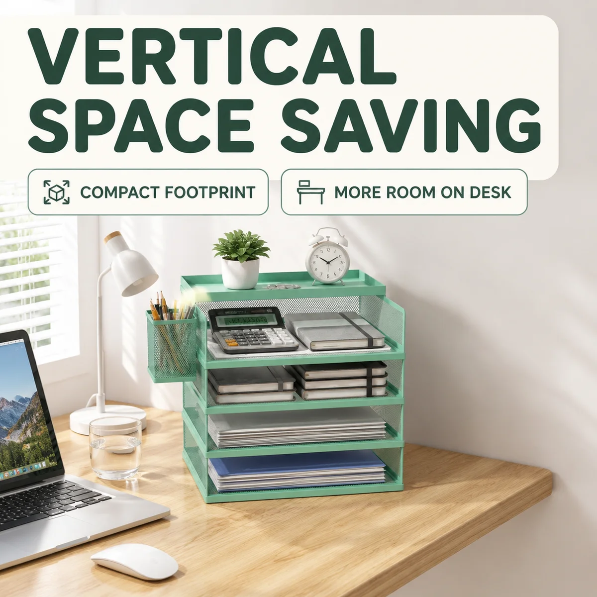 4 Tier Desktop File Organizer Metal Mesh Paper Tray with Pen Holder and Top Shelf for Student Home Office School Desk