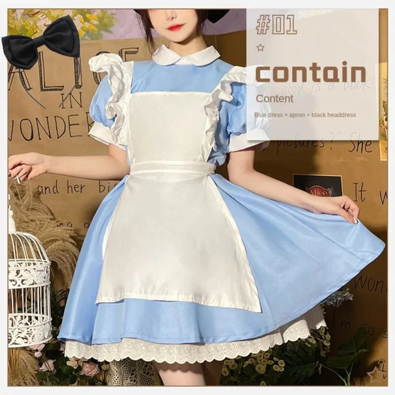 Frauen Lolita Op Kleid Mädchen blau Partykleid Kopfbedeckung Schürze Frauen Kurzarm Dienstmädchen Kleid Set Halloween Cosplay Kostüm ms12106