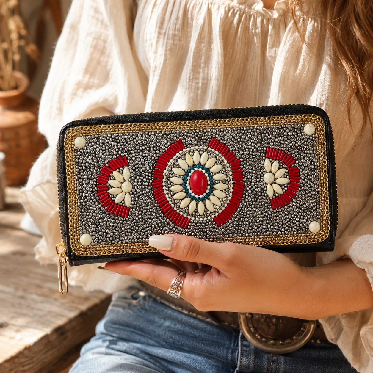 Boho Beaded Long Wallet for Women, Ethnic Zip Around Clutch Purse, Large Capacity Card Cash Passport Organizer