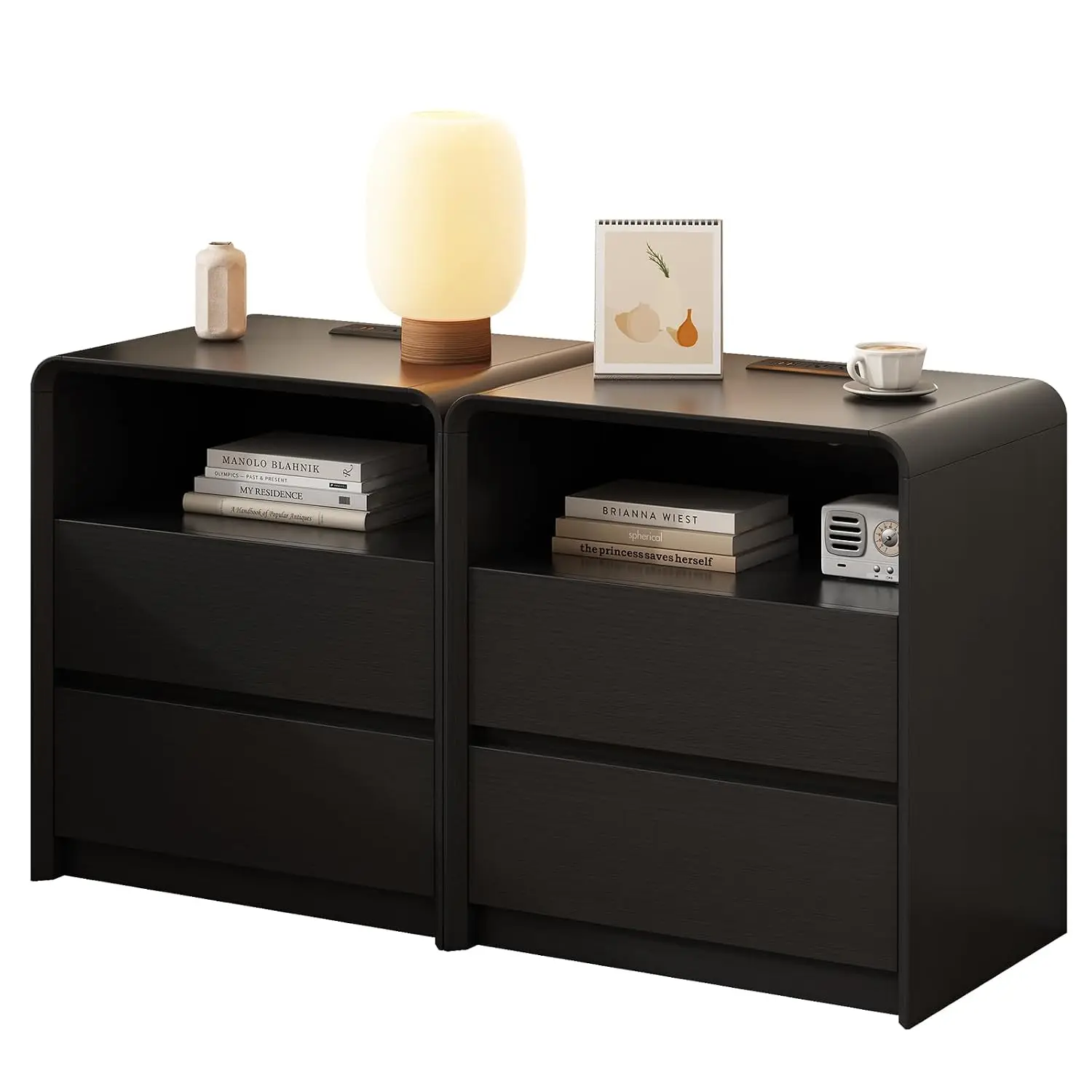 Walnut Nightstand with Charging Station & 2 Drawers, Customized