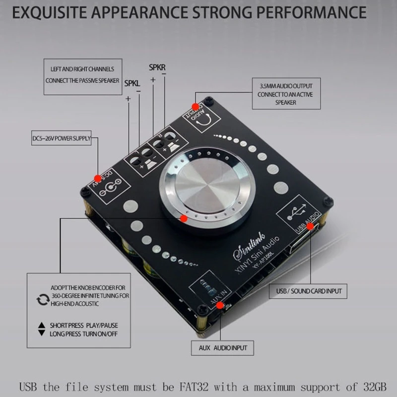 5HA Digital Power Amplifier Board 2x100w for DC 5-26V Class D Speaker High and Bass Adjustment Tuning Board Front Home Theat