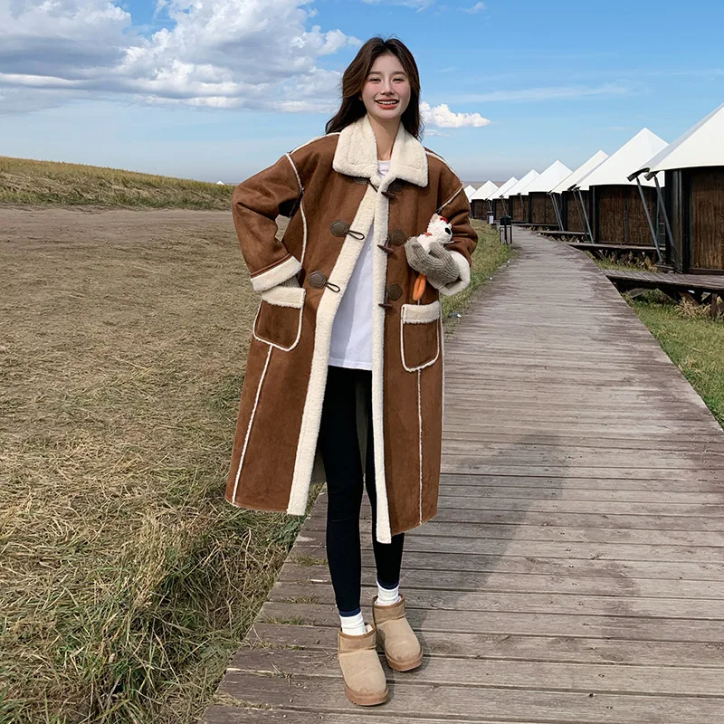 Bruine lange lamsbontjas voor dames, wintereditie 2025, losse en dikke suède katoenen jas Windbreaker mode-top