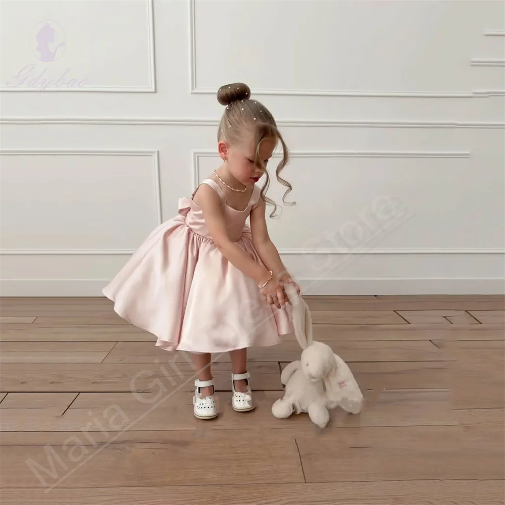Pink Satin Flower Girl Dress Square Neck Wedding Party Holy Communion Knee-Length Children's Birthday Clothing image 3