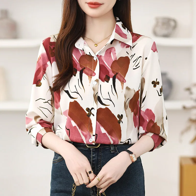 Women's Clothing Vintage Hong Kong Style Chiffon Shirt Spring Autumn Chic Button Turn-down Collar Blouses Print Long Sleeve Tops