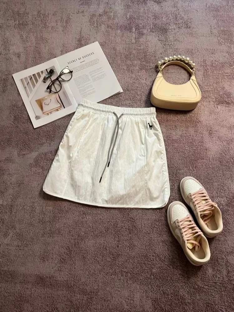 

Sporty Color Casual High Waist A-Line Skirt for Women Summer Anti-Light Elastic Belted Skirt Korean Style Commute