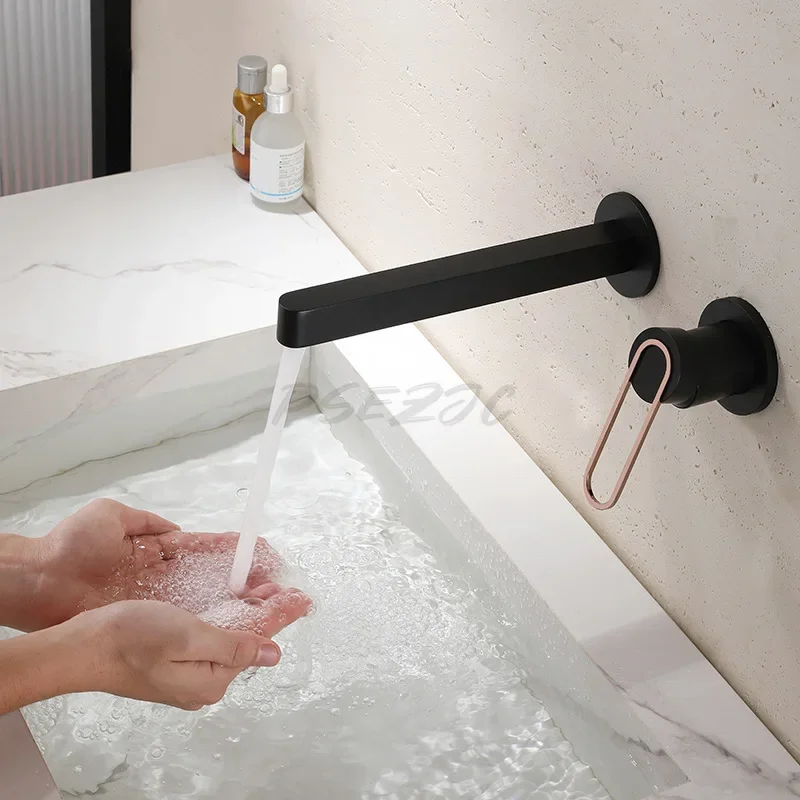 

With Hot-melt Concealed Installation Wall Mounted Faucet with Dual Control for Hot and Cold Black Color Full Copper Bathroom