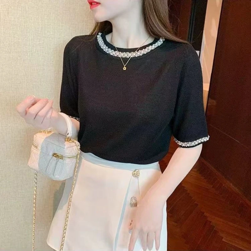 

Female Knit Sweater for Women Summer Beading Hollow Stylish Vintage Elegant Tops Ladies Short Sleeve O-neck Knitwear Jumpe Q129