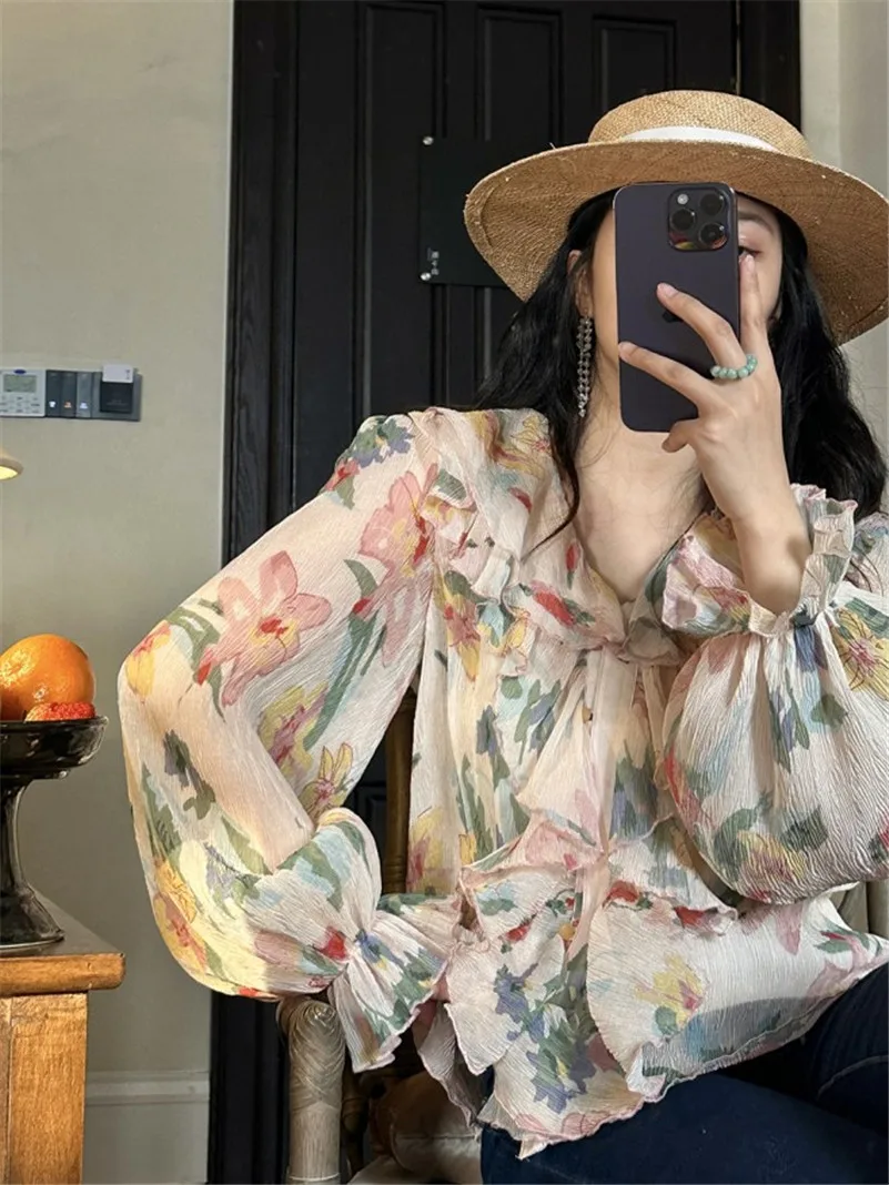 Spring Rayon Design Sense Floral Print Lovely Sweet Double-layer Ruffled Lantern Sleeve Lightweight  Elegant Chic Tops Blouses