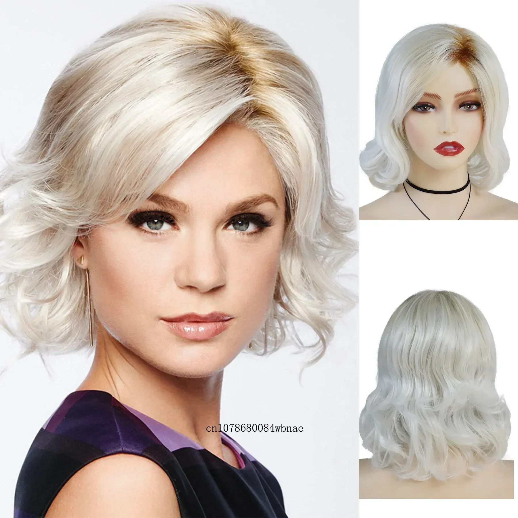 Synthetic Hair Short Platinum Blonde Wig for Women Older Natural Wavy Wigs with Bangs Heat Resistant Daily Party Cosplay Use