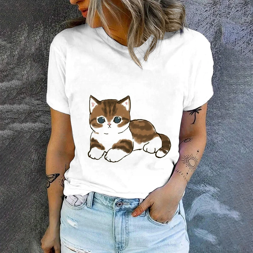 Elegant Casual Comfortable Round Neck Short Sleeve Cute Cat Print Fashion T-shirt Summer Breathable Loose Women\'s Short Sleeve