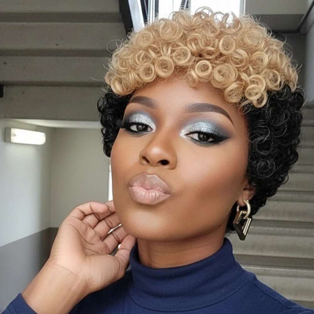 شقراء سوداء مجعد عابث قطع شعر مستعار البرازيلي خصلات الشعر المستعار الإنسان مع الانفجارات قبل قطعها للنساء آلة صنع خصلات الشعر المستعار الإنسان القصير