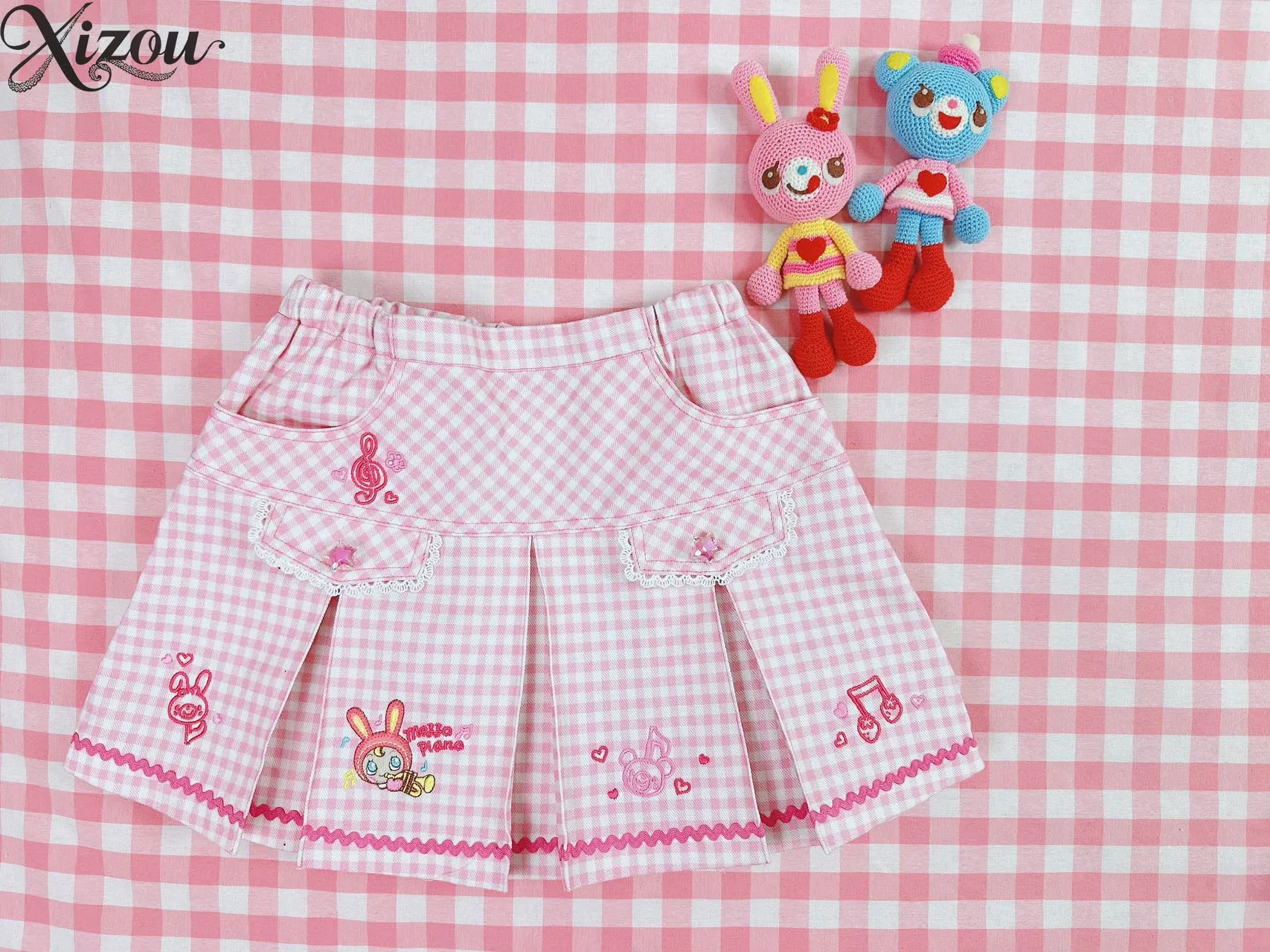 Sweet Plaid Y2K Bunny Print Mini Skirt Kawaii Lolita 2026 Japanese High Waist Y2K Summer Casual Bottoms Cute Skirts Cartoon