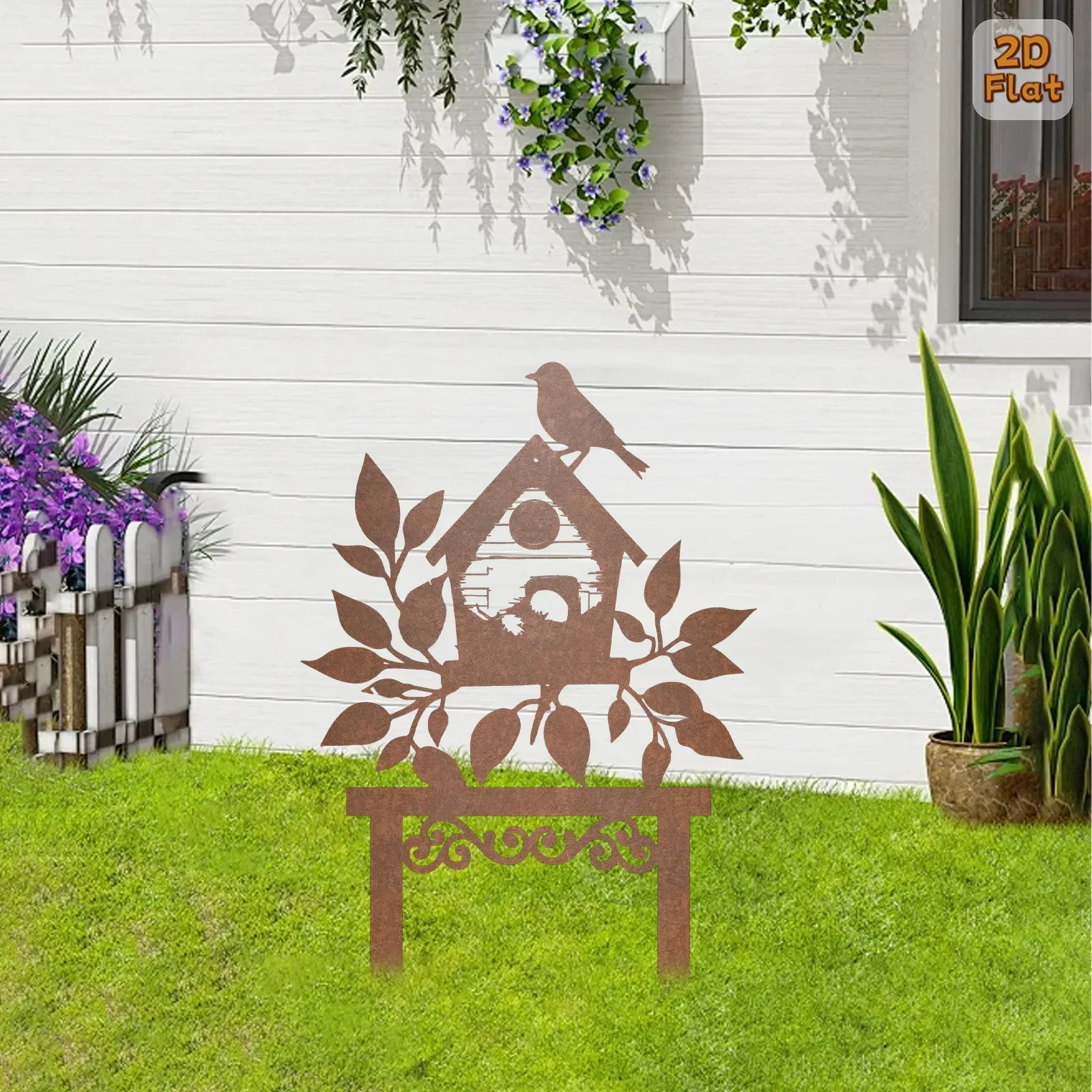 [2D Flat] Rustic Birdhouse Bird Metal Garden Stake Ground Spike Gift Housewarming Mother Day Bird Lovers Lawn Ornaments