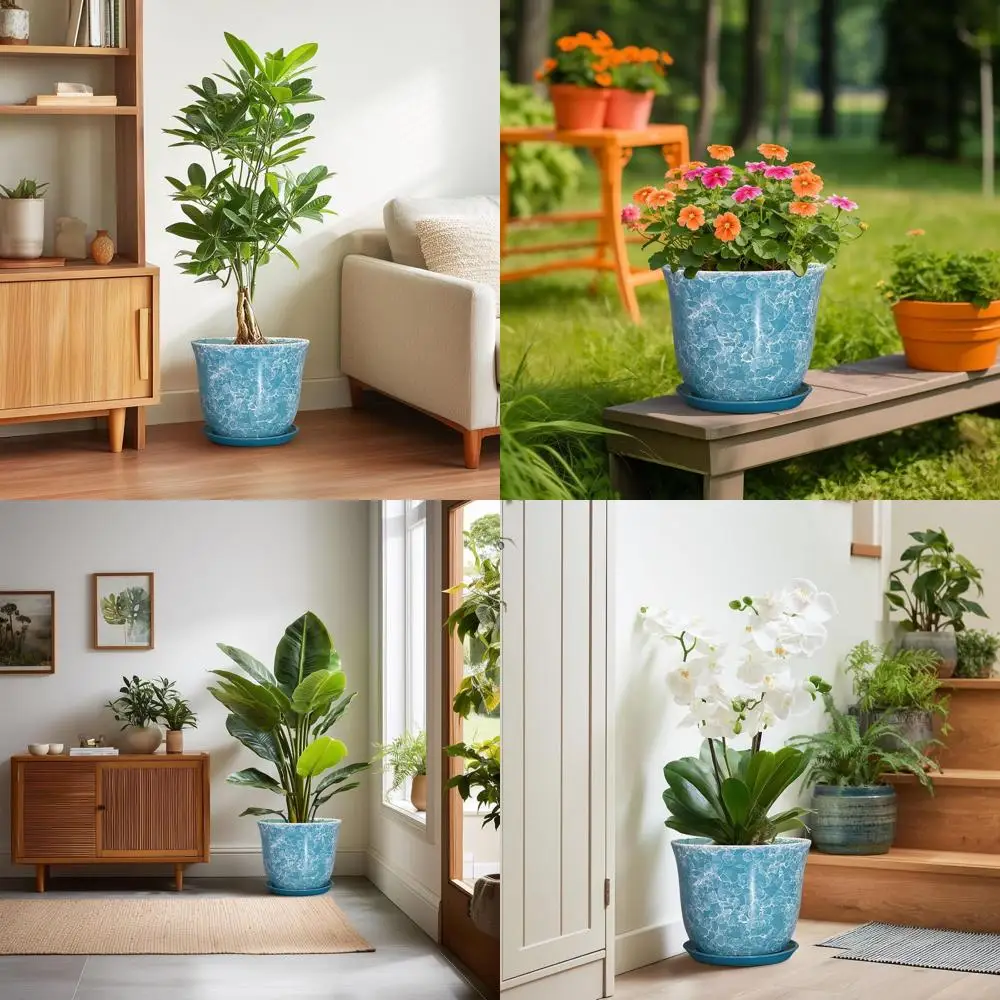 

10-дюймовый круглый цветочный горшок с дренажным отверстием и поддоном, подходит для использования в помещении и на улице, синий декоративный кашпо для дома и сада.