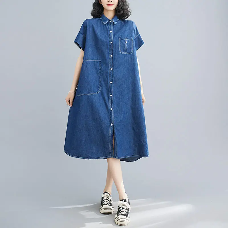 Large Size Denim Shirt Dress Women 2023 Summer New Open Line Decoration Casual Single Breasted Female Robe Jeans Vestidos Z1482