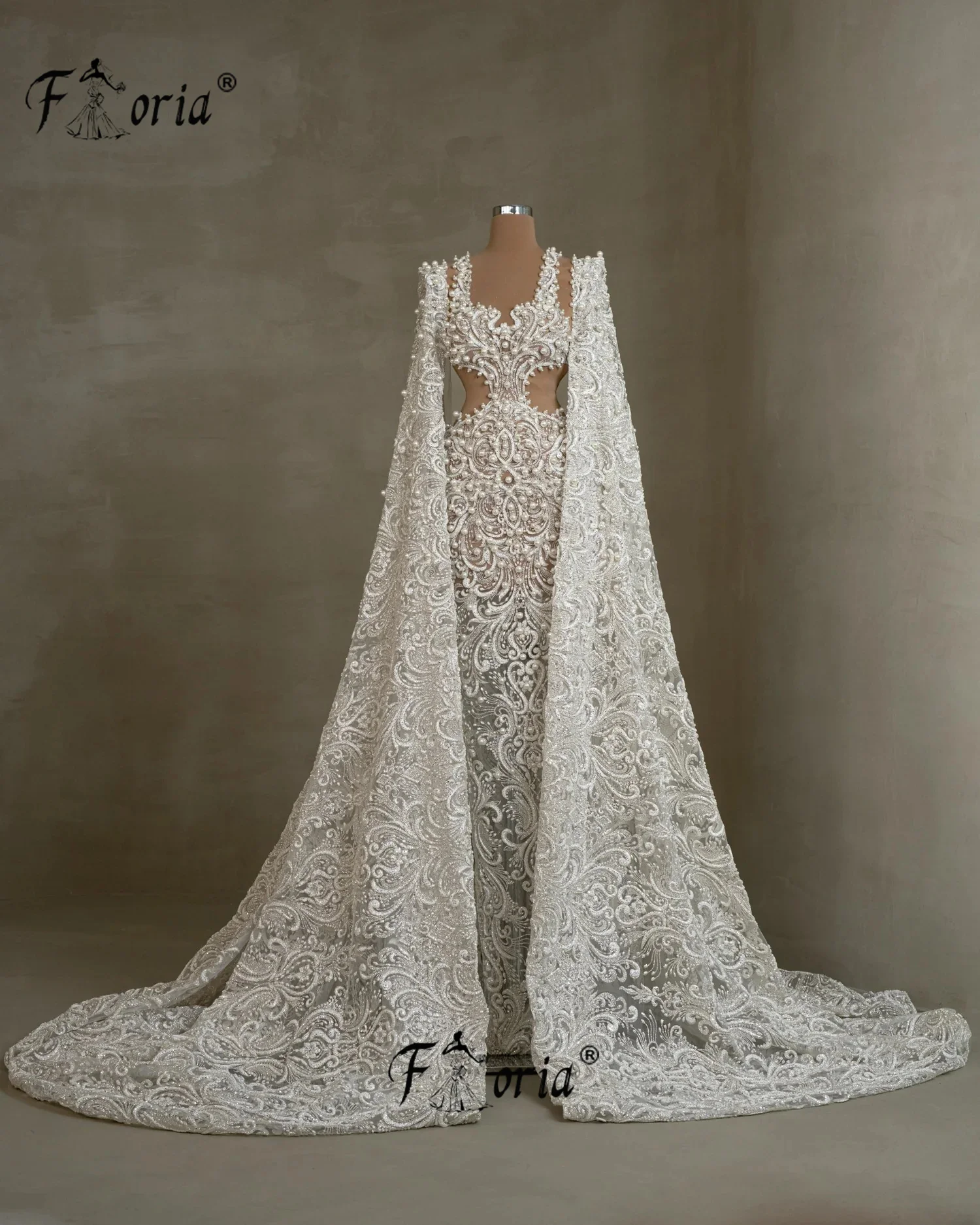 Robe de Soirée de Forme Sirène en Dentelle, Tenue de Luxe avec Perles, Châle Long, Appliques, Dubaï, 2023