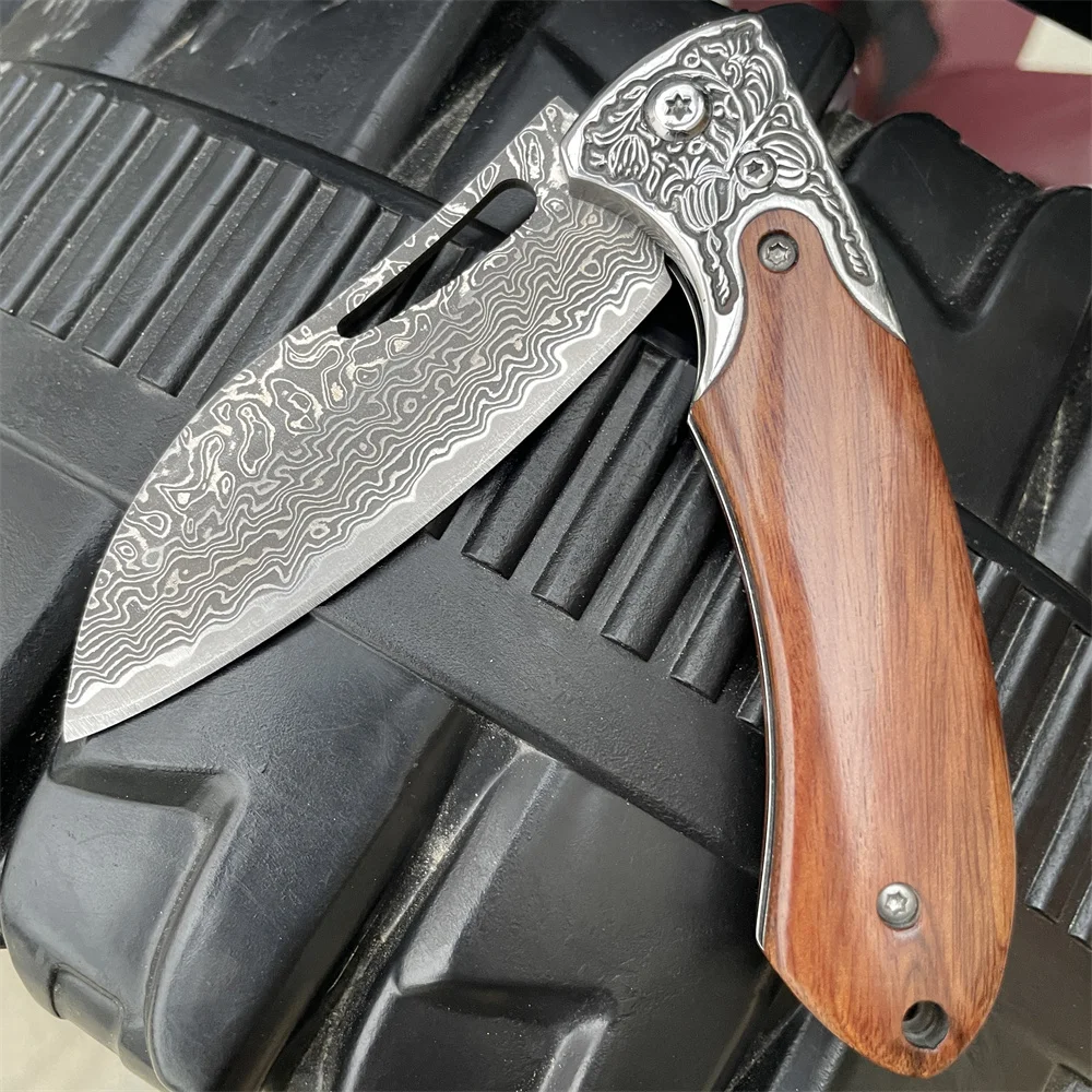 Damascus Laser Pattern Small Knife Wooden Handle Outdoor Knife Camping Hunting Knife Survival Knife Folding Pocket Knives