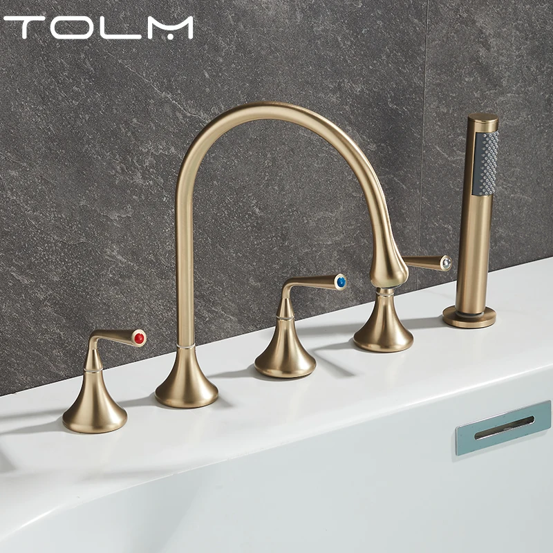 

TOLM 3/5pcs Bathtub Faucet Brushed gold spout Mixer Taps Chrome/Gray/Black Brass Bathroom Shower Faucet with Handshower