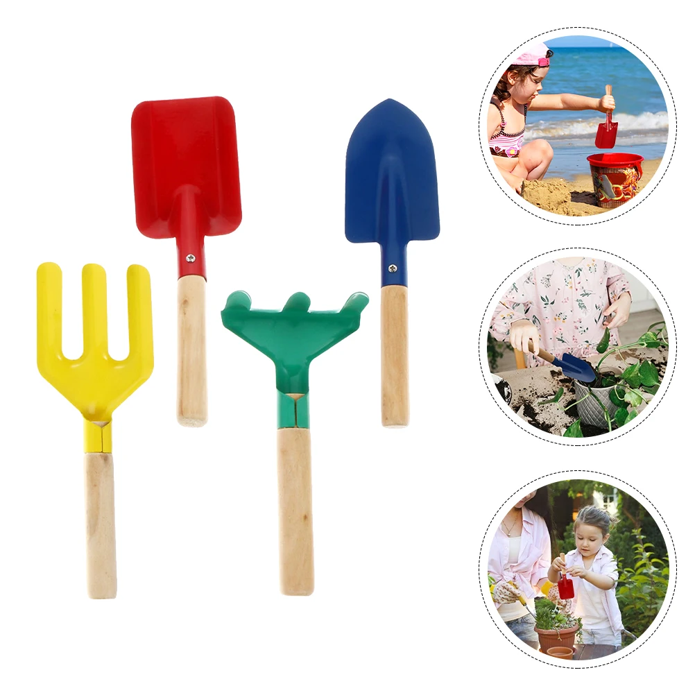 Robustes Holzgriff-Pflanzwerkzeug für Kinder, 4-teilig, Gartenskelle, Gabel, Rechen-Set, Metallkonstruktion, zum Spielen im Freien, Strandspielzeug