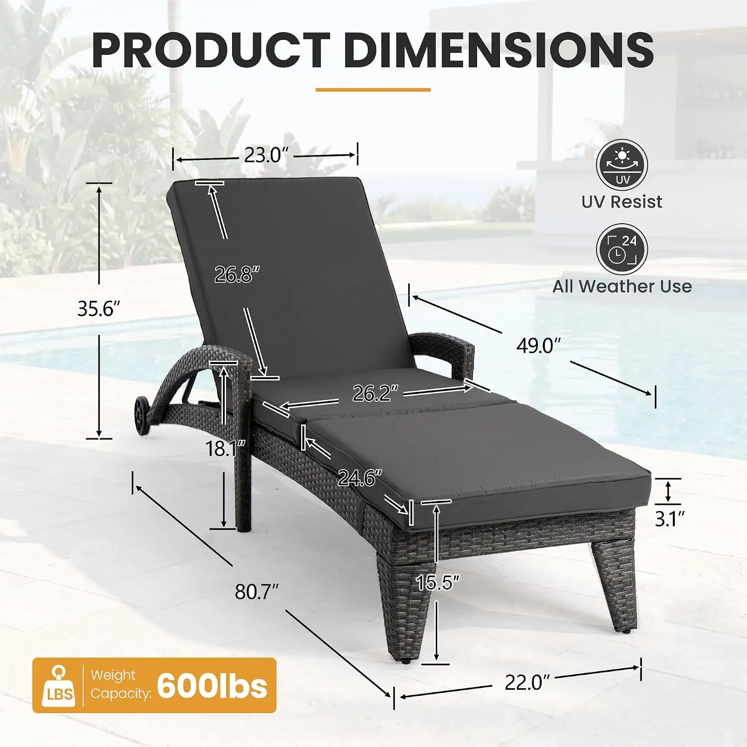 Chaise Lounge Chairs Set of 2, Upholstered 5-Positions Adjustable Lounge Chairs, Wicker Outdoor Long Reclining, Customized
