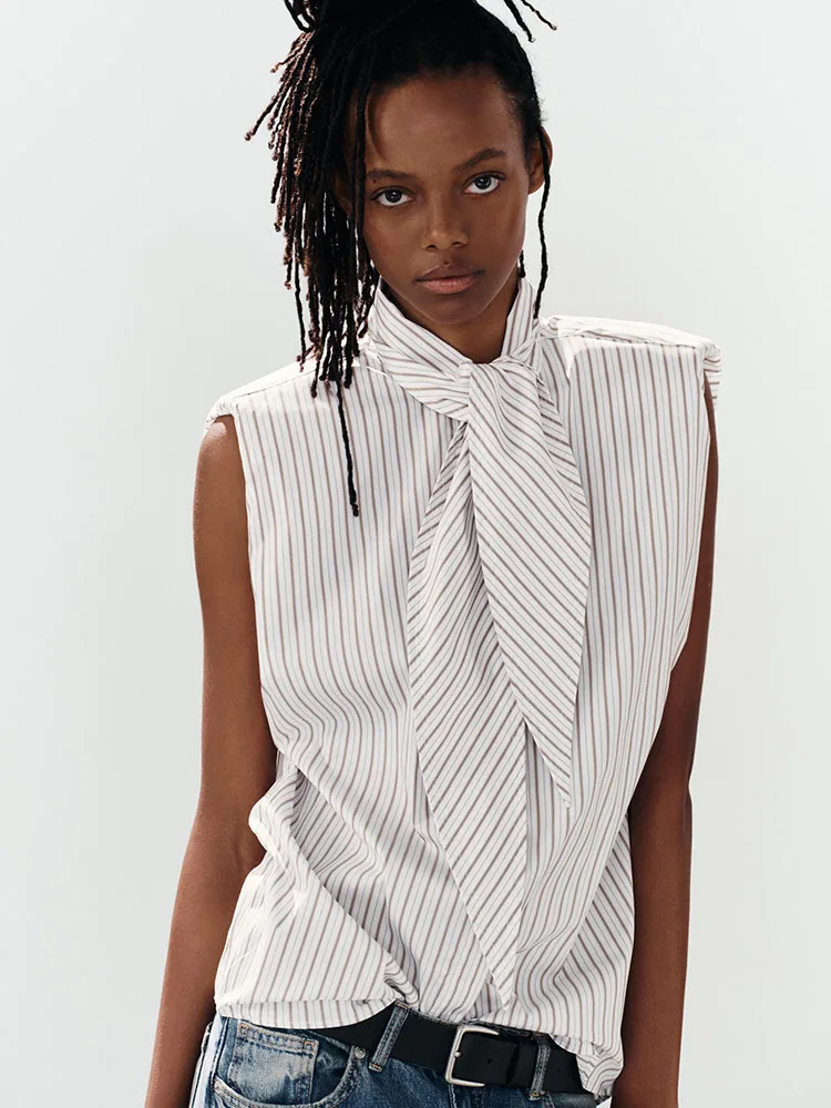 New Arrival Autumn Season Women's Shirt Sleeveless Stand Collar Stripe  Knot Top Regular Length Chinese Style Garment