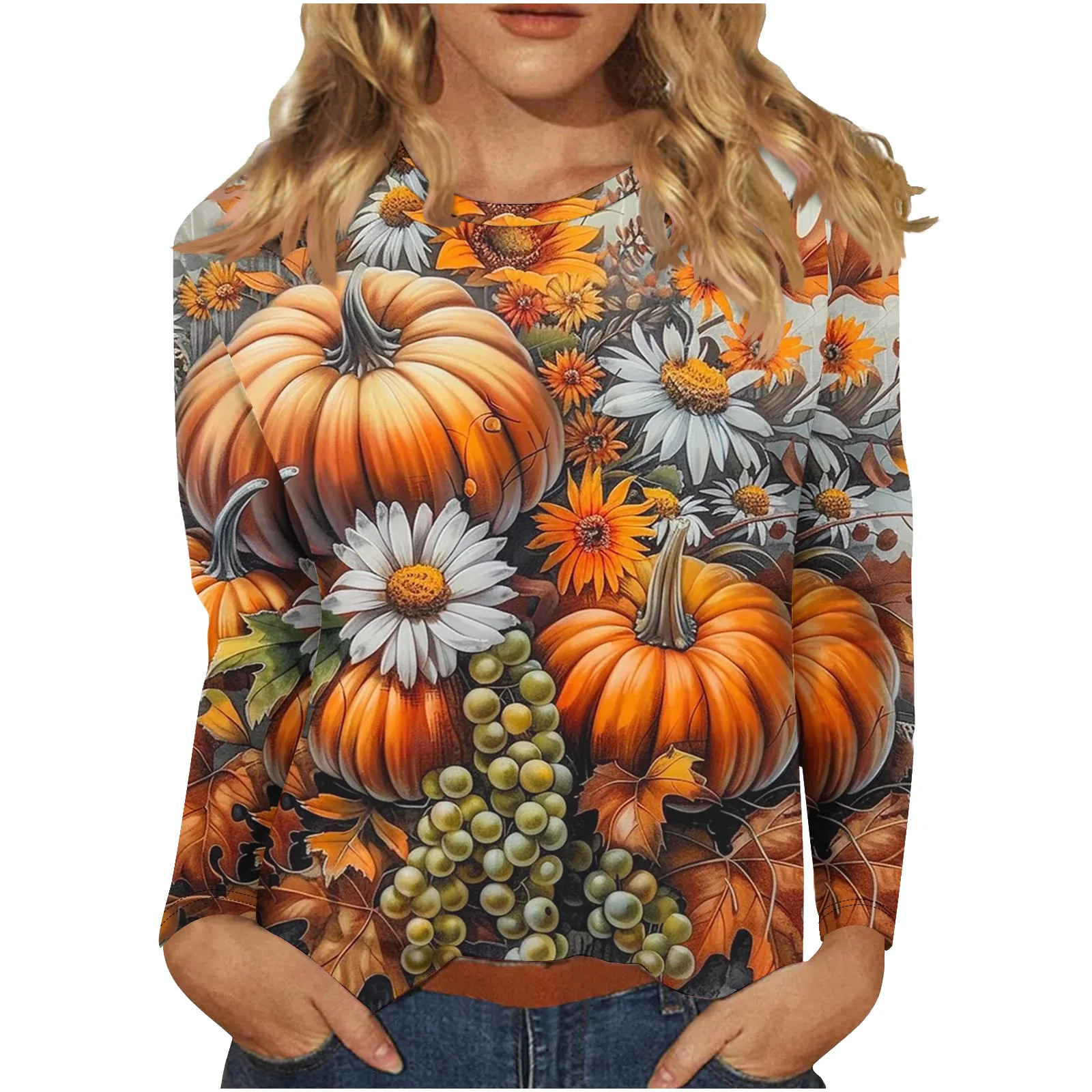 Fashion Halloween Style Pumpkin Print T-shirts Woman Autumn Casual Loose Long Sleeves O-neck Pullover T-shirt Tops For Women