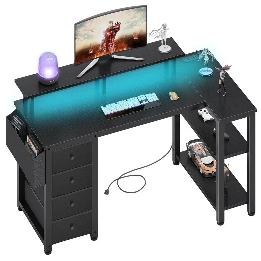

Black L Shaped Desk with Led Lights and Power Outlets, 47 Inch Writing Study Computer Gaming Desks with Fabric Drawers for Bedr