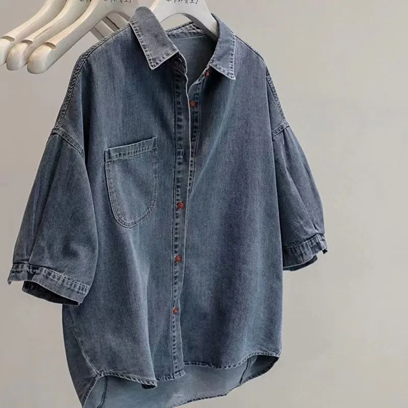 

Nice Solid Half Sleeve Ladies Tops Loose Summer Thin Casual Blouses Turn-down Collar Office Lady Patchwork Pocket Women's Clothi