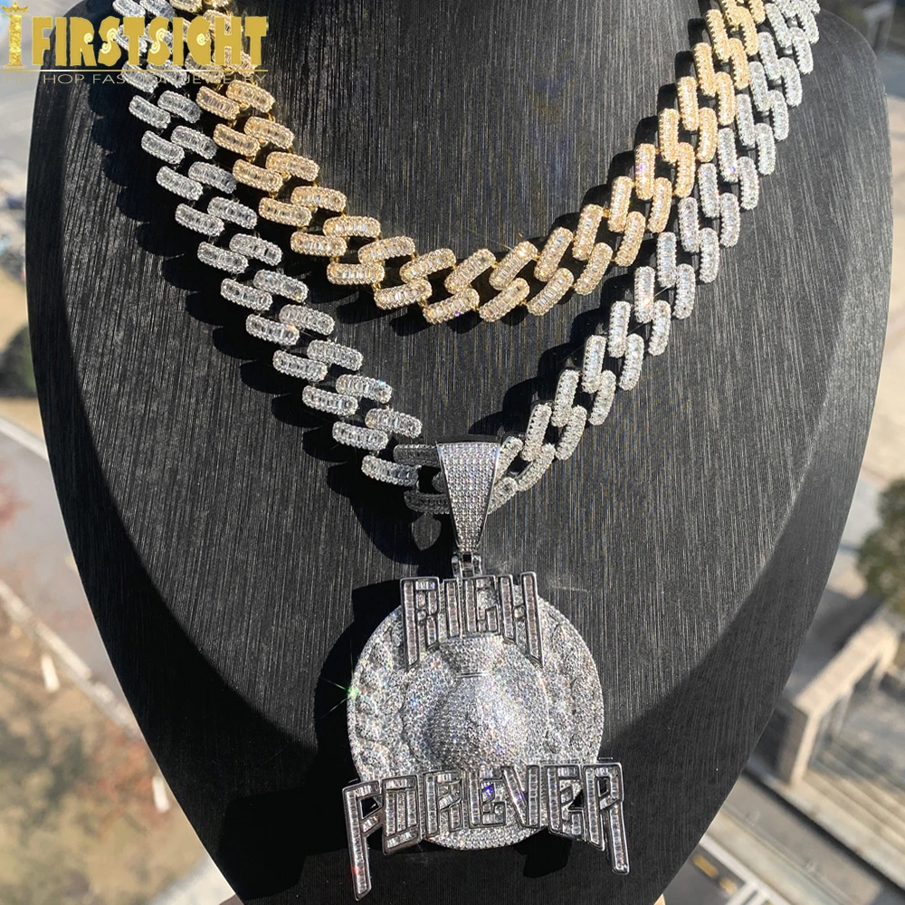 

New Iced Out Bling CZ Letter Rich Forever Pendant Necklace Cubic Zirconia 15MM Cuban Chain Badge Money Charm Men Hip Hop Jewelry