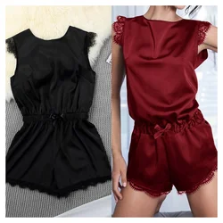 Women Summer One-piece Suit Underwear Slash Neck Lace Holloow Backless Pajamas Cap Sleeve Thin Elastic Waist Jumpsuit Sexy Solid