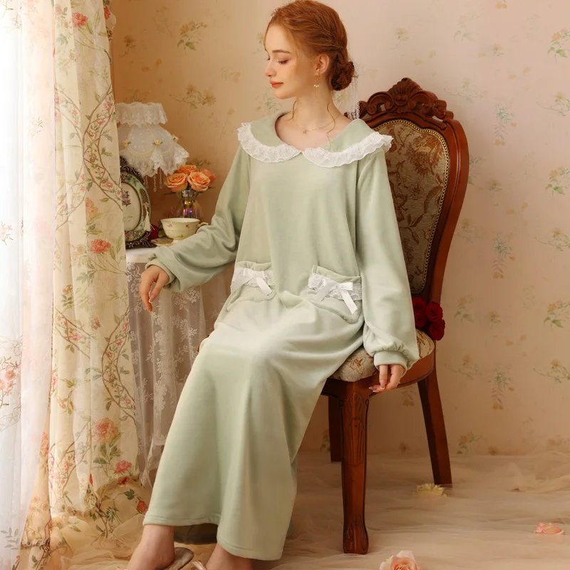 

Fairy Pockets Night Dress Women Long Sleeve Nightdress Sweet Velour Solid Color Nightgown Romantic Princess Sleepwear Nightwear