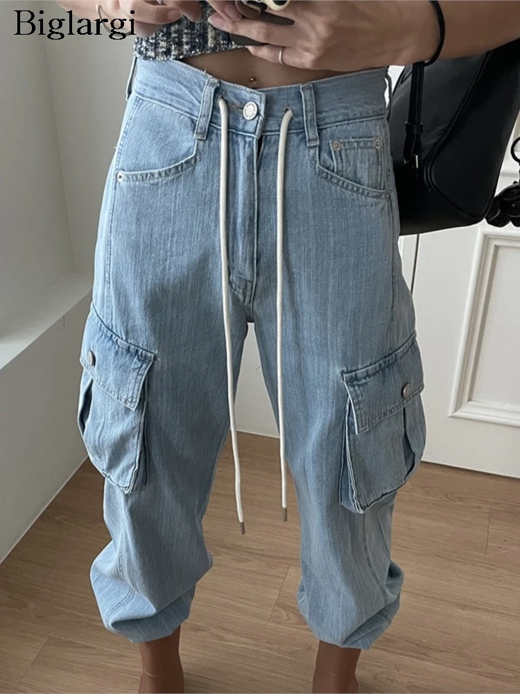 Jeans Herbst hohe Taille Hose Frauen lässig lose koreanische Stil plissierte Damen weites Bein Hosen Mode Frau lange Cargo hose