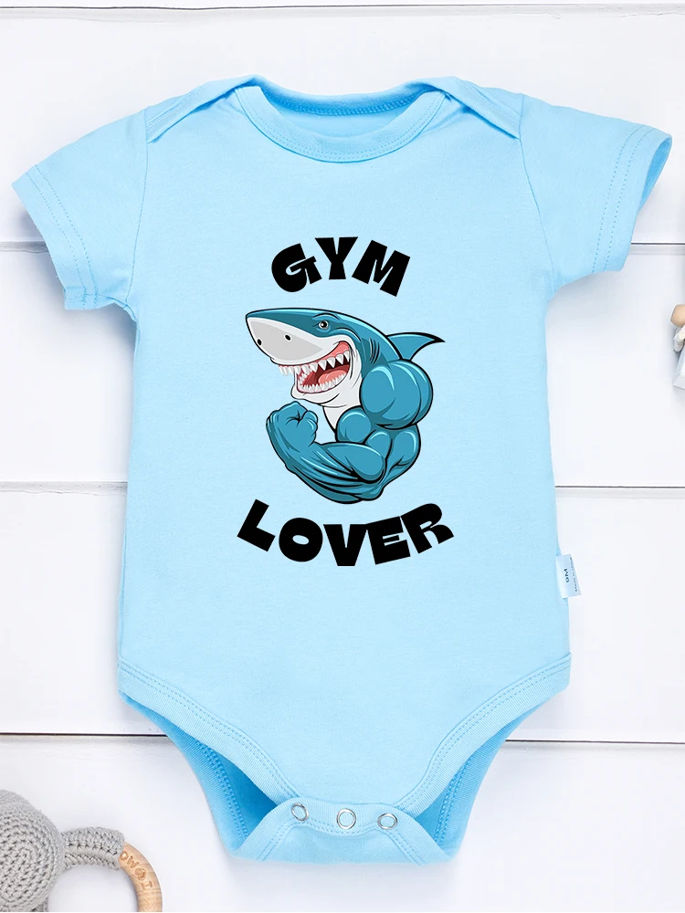 Shark Baby Boy Bodysuit GYM LOVER Funny Hipster Infant Clothes Blue Pure Cotton Soft Breathable Newborn Onesies 0-24 Months