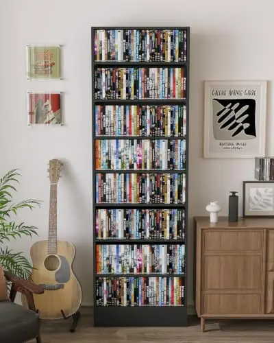 8 Tier DVD Storage Shelf with Adjustable Shelves fits Over Baseboard | Bottom cutout fits baseboard & wall, Adjust