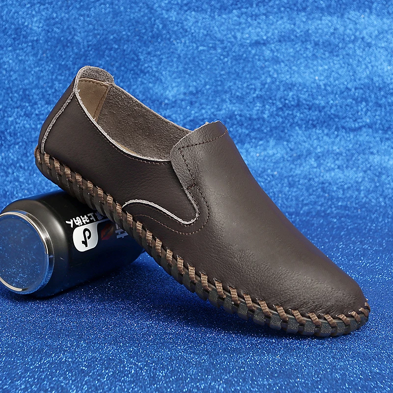 Handmade Leather Slip-On Casual Shoes Soft Upper Men's Loafers Large Size Stitching Detail Comfortable Rubber Sole