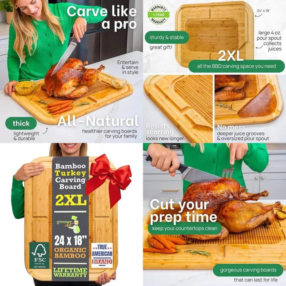 

Extra Large Bamboo Carving Board - 24 Organic XL Meat Cutting Board with Pour Spout & Lifetime Replacement