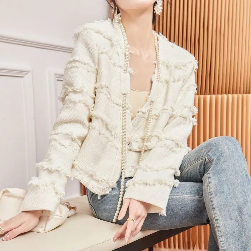 Spring Autumn Women\'s Short Fashion Solid Color V-neck Spliced Tassel Xiaoxiangfeng Long Sleeve Cardigan Beading Thin Tops Coats