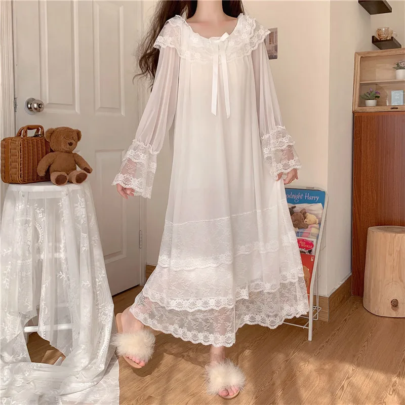Women's Ultra Soft Lace Sleepwear Long Sve Princ Sle Nightgown for Women Home Sweet Home Spring Summer White Net Gown 3
