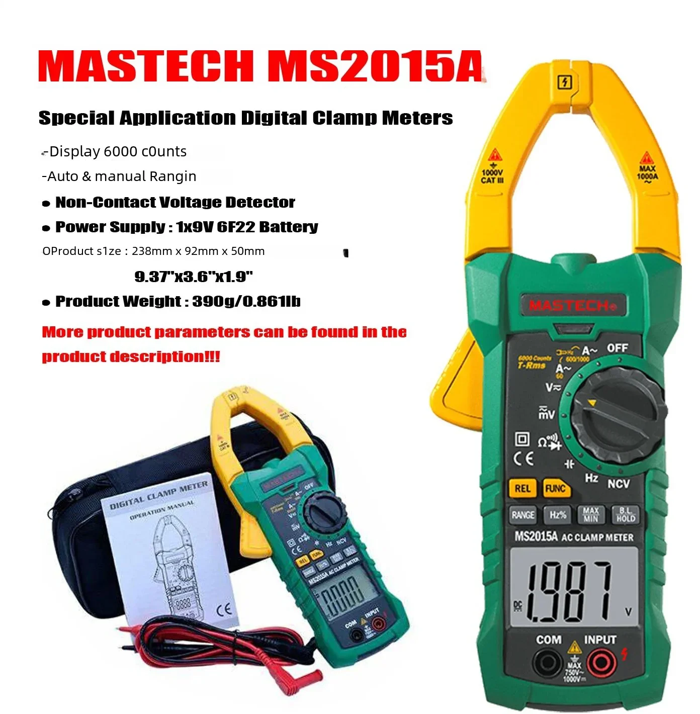 

MASTECH MS2015A Current Pliers Voltage Circuit Tester Pincers Multimeter AutoRange Digital AC 1000A Current Clamp Meter True RMS