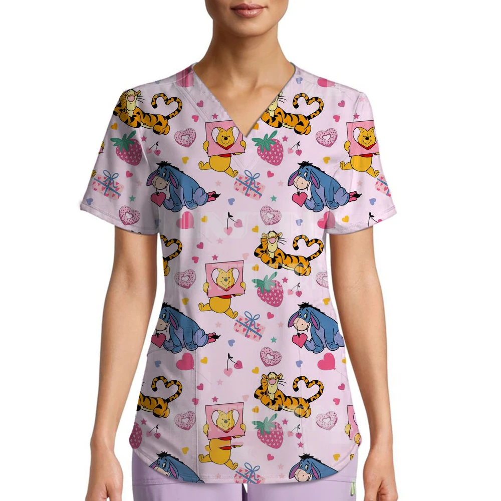 

2025 Winnie The Pooh Clinic Hospital Nurse Workwear Teeth 3D Printing T-shirt Women's V-neck Pocket Medical Clothing Nursing Top