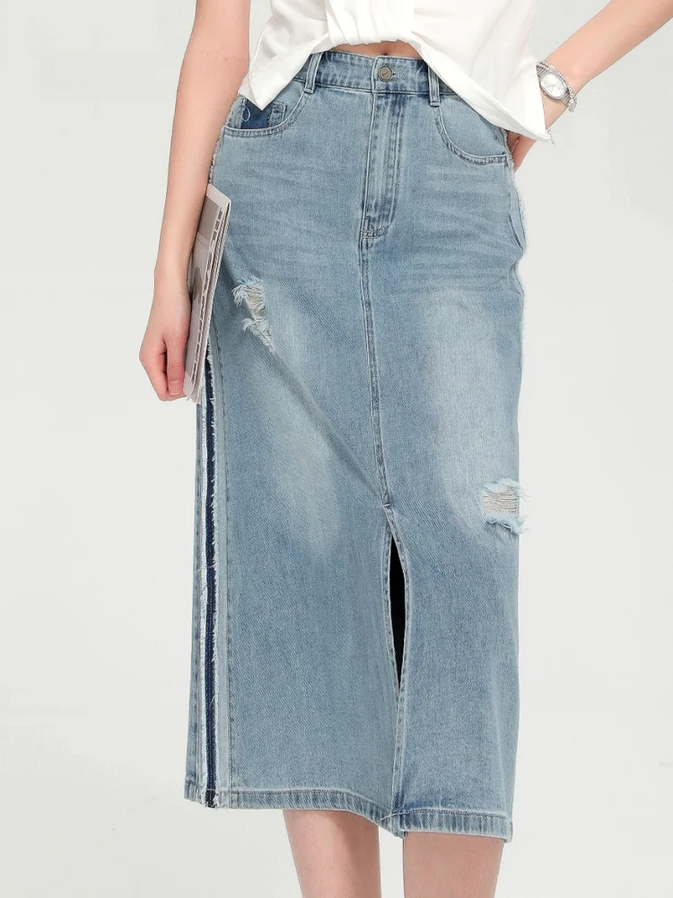 

Dailanzhi Весна 2025: Женская джинсовая юбка с высокой талией, стройнящая, универсальная, повседневная, длинная, прямого кроя, из смесового хлопка